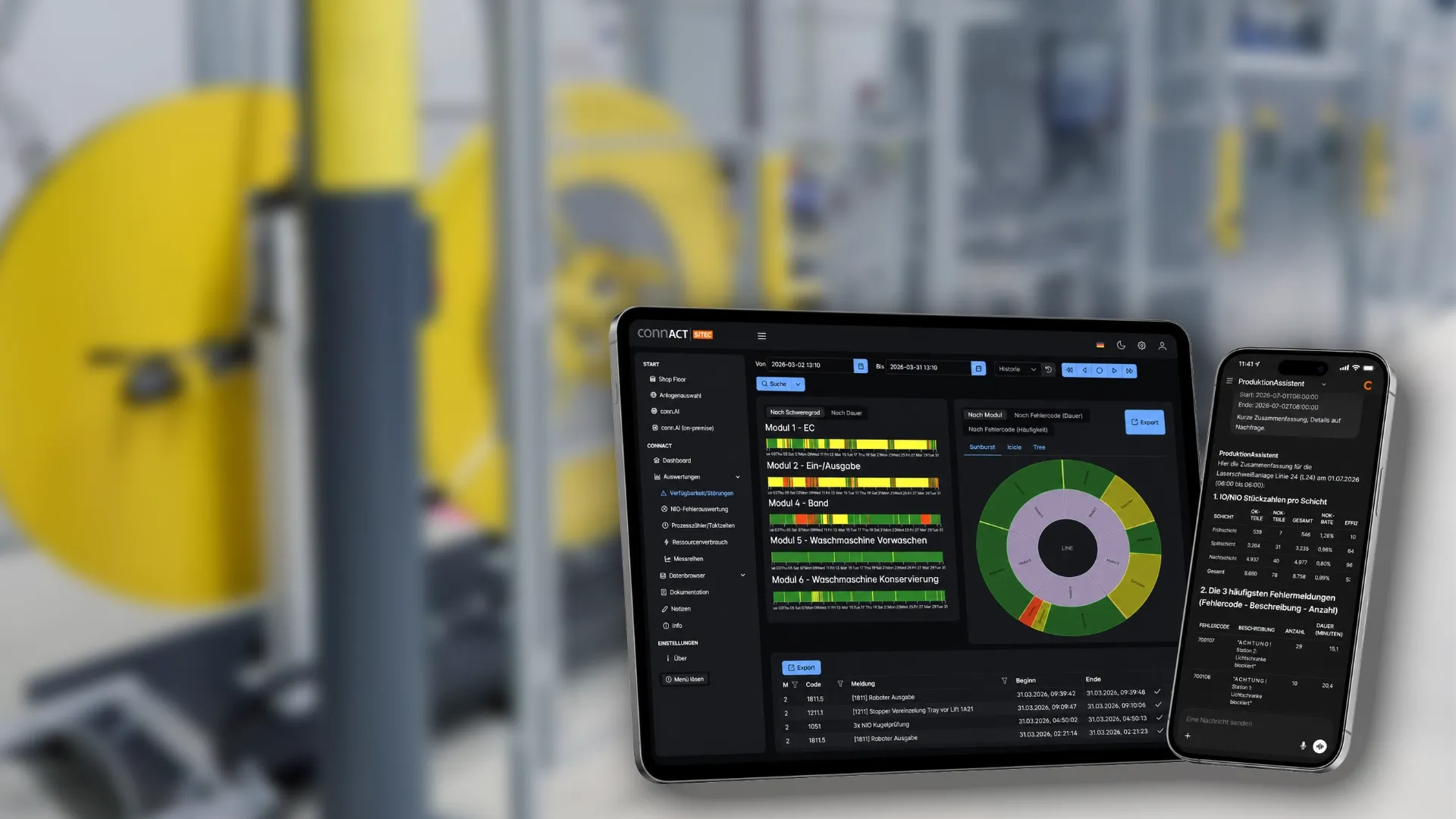 Tablet and smartphone showing a digital production dashboard and AI production assistant in front of a blurred laser processing machine.